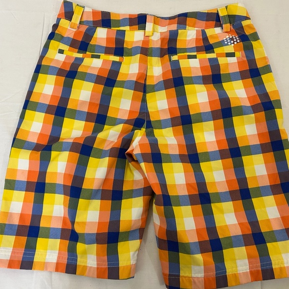PUMA Sz 30 Waist Mens Flat Front Yellow/Orange/Blue Plaid Golf Casual Shorts - Picture 1 of 10
